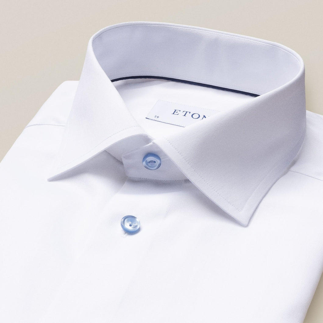 Eton- Fine twill, white dress shirt with light blue buttons