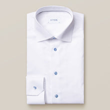 Load image into Gallery viewer, Eton- Fine twill, white dress shirt with light blue buttons
