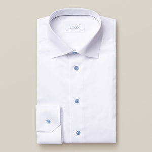 Eton- Fine twill, white dress shirt with light blue buttons