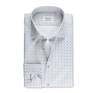 STENSTROMS- White, Blue and Tan Print Shirt- Fitted Body