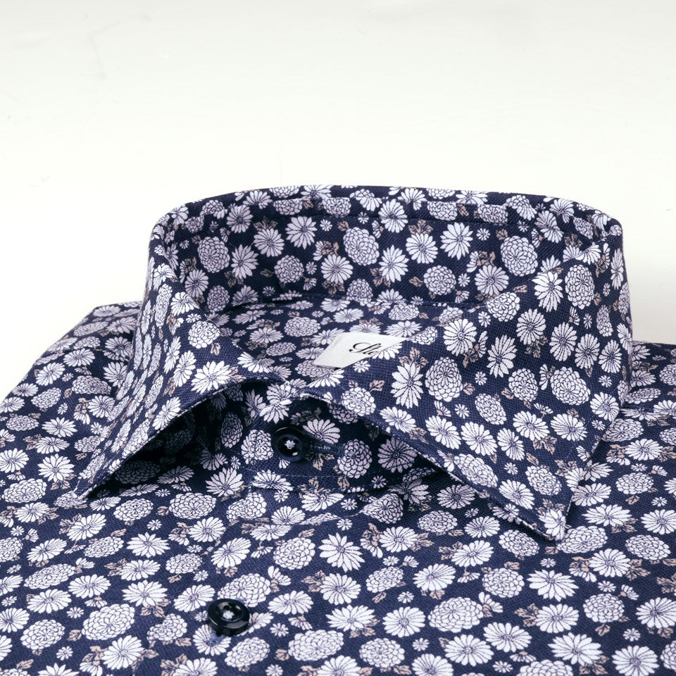 STENSTROMS- Navy and Silver Floral Printed Shirt- Fitted Body