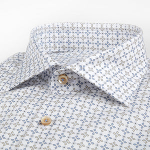 STENSTROMS- White, Blue and Tan Print Shirt- Fitted Body