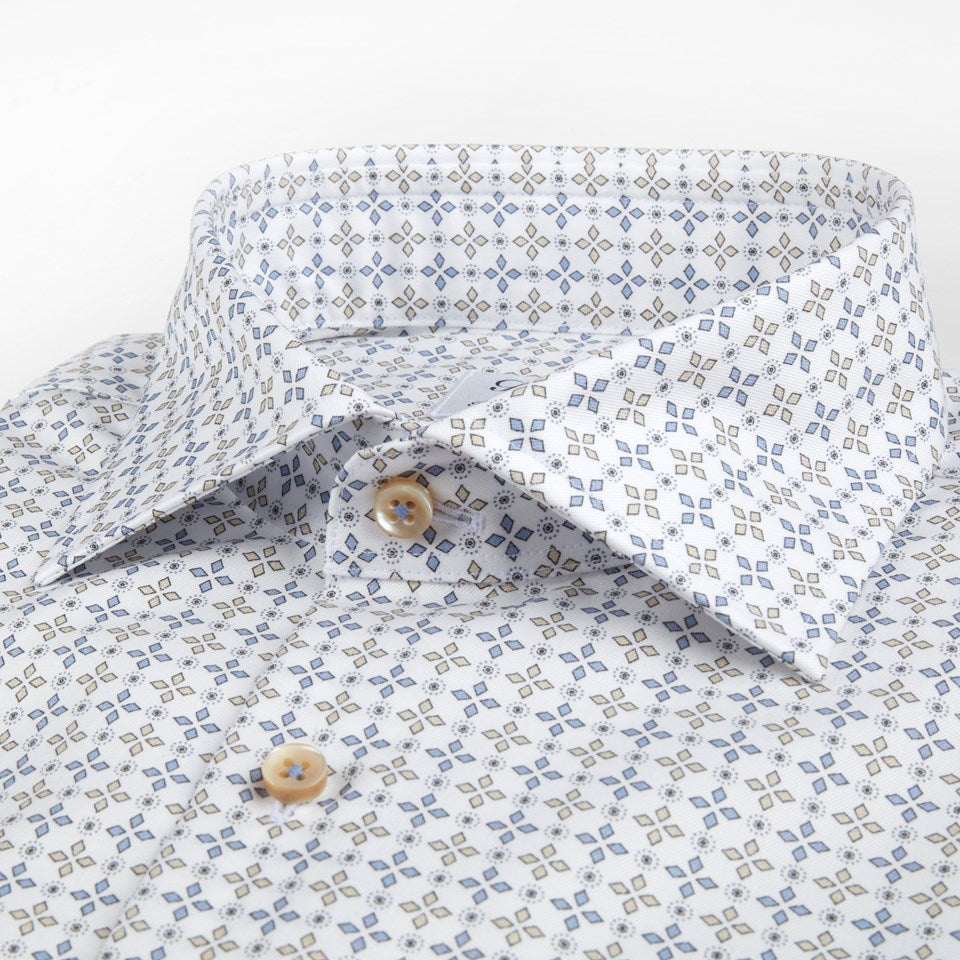 STENSTROMS- White, Blue and Tan Print Shirt- Fitted Body