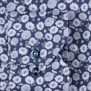STENSTROMS- Navy and Silver Floral Printed Shirt- Fitted Body