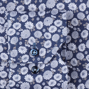 STENSTROMS- Navy and Silver Floral Printed Shirt- Fitted Body