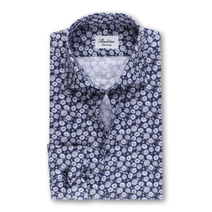 STENSTROMS- Navy and Silver Floral Printed Shirt- Fitted Body